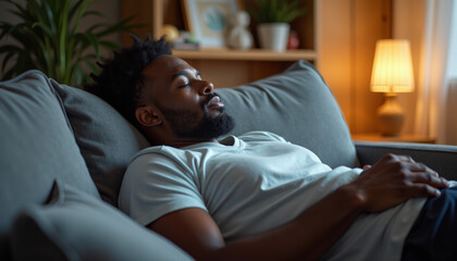Fototapeta premium Man Sleeping Peacefully on a Couch at Night