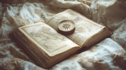 An aged map and compass lie on intricate fabric, suggesting timeless adventure and exploration awaiting those who seek it.