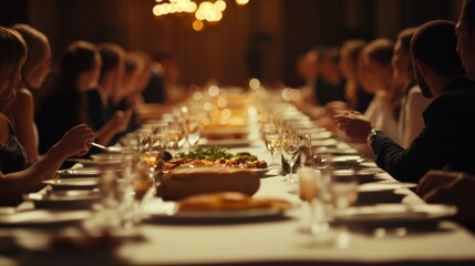 An elegant dinner party with a long, lavish table set for celebration under opulent lighting.