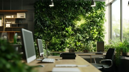 A lush, verdant office space brimming with natural light and greenery creates a serene, eco-friendly workspace.