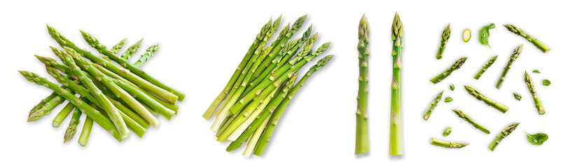Fresh green asparagus spears bundles and scattered isolated transparent background