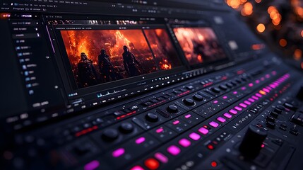 A close-up of a video editing console displaying action scenes with vibrant colors.