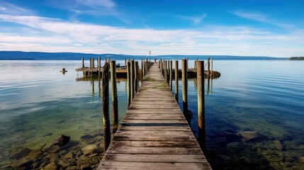 Fototapeta premium Tranquil Wooden Pier Extending into a Calm Lake