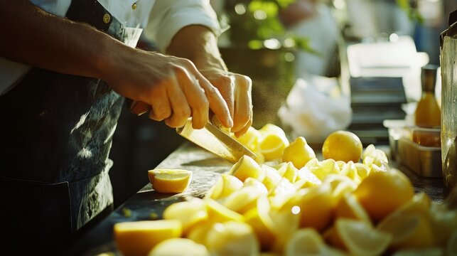 A chef skillfully slices fresh lemons under dappled sunlight, highlighting freshness, precision, and the transformative art of culinary preparation.