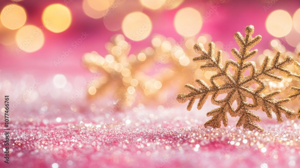 Poster A gold, sparkly snowflake sits on a pink sparkly surface. The background is a soft pink and out of focus, with blurred yellow lights.