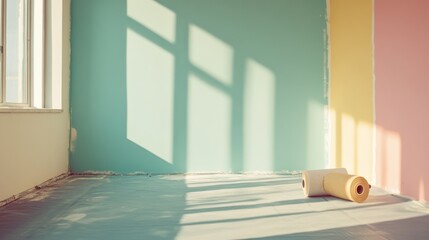 Sunlight spills onto an empty room with pastel walls, where a roll of yellow wallpaper rests, evoking anticipation and transformation.