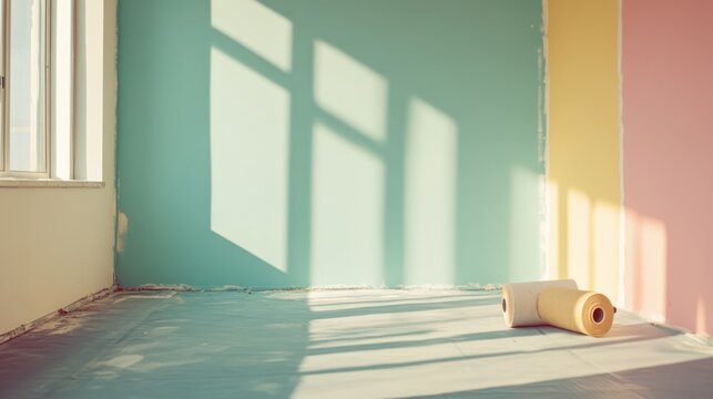 Sunlight spills onto an empty room with pastel walls, where a roll of yellow wallpaper rests, evoking anticipation and transformation.