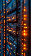 Naklejka premium A close-up view of illuminated server racks in a data center, showcasing technology infrastructure.