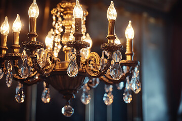 a beautiful chandelier with antique detailing in a classic dining room.