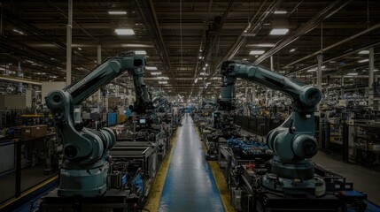 Fototapeta premium Industrial Robotic Arms in a Factory Setting