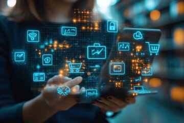 Woman holding a tablet with glowing digital icons, representing various online applications and services, against a blurred background.