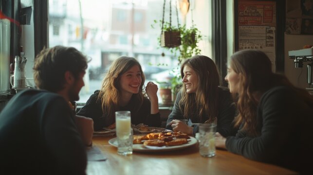 Friends enjoy a meal together, their laughter captured in a candid, warm-filled ambiance that radiates connection and contentment.