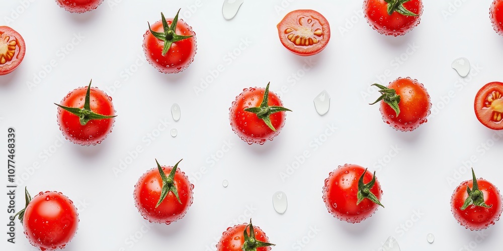 Wall mural Fresh cherry tomatoes with stems, halved to reveal seeds, and water droplets on a white background