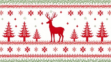 A seamless pattern of Christmas sweater design with red, green, and white colors, a knitted texture