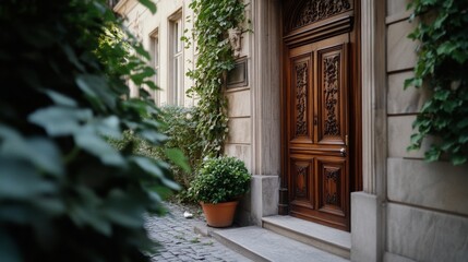 Fototapeta premium Ivy-adorned entrance with a rich wooden door leads into a quiet, inviting urban retreat, blending nature with elegant architecture.