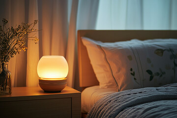 bedside lamps with warm LED lighting creating a cozy bedroom ambiance.