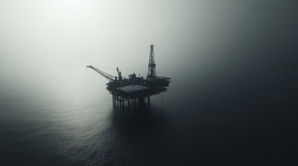 Black and white image of an offshore sea oil platform. Natural gas and oil rig in the ocean