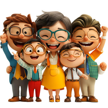 A dynamic 3D cartoon scene depicting a team of diverse animated characters in a jubilant celebration of success, set against a white background.