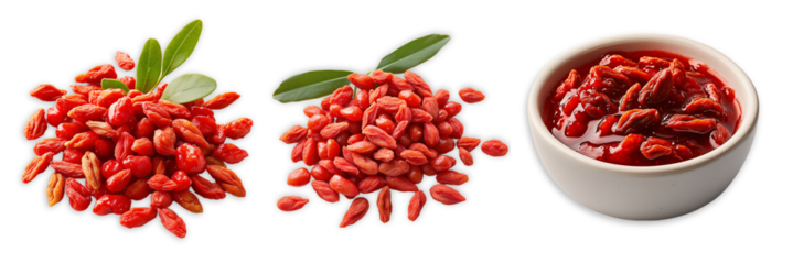 Goji berries dried and fresh in white bowl isolated transparent background