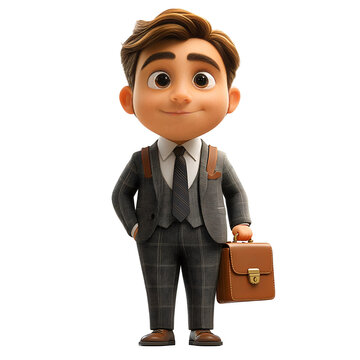 A confident businessman with a briefcase in a 3D cartoon style, isolated on a white background, displayed in a 1:1 aspect ratio at a size of 750 pixels.