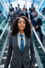 A black businesswoman ascends stairs with suited colleagues.