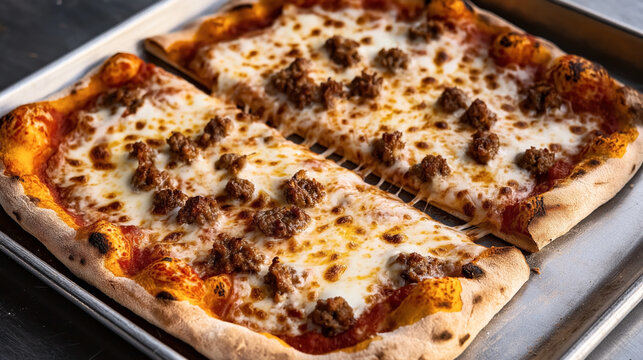 Close-up of rectangular pizza with melted cheese and sausage topping on a baking tray.