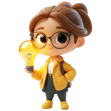 A 3D cartoon character of a businesswoman holding a light bulb symbolizing creative business ideas.