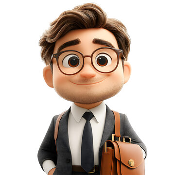 An engaging 3D cartoon illustration of a businessman holding a briefcase, exuding confidence, isolated on a white background in a 1:1 aspect ratio at a size of 750 pixels.