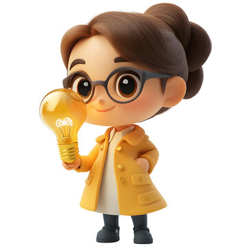 An imaginative 3D cartoon representation of a businesswoman showcasing a light bulb as a symbol of innovative business concepts, isolated on a white background.
