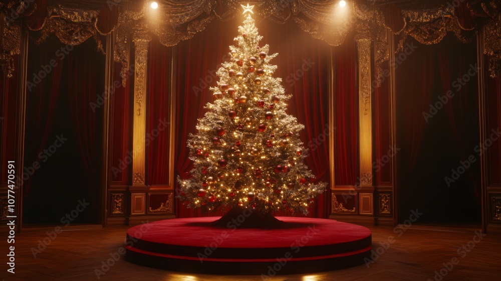Poster the image depicts a tall, decorated christmas tree positioned on a circular red platform in a spacio
