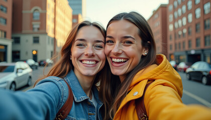 Fototapeta premium Two Friends Enjoying a City Selfie