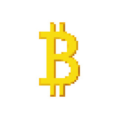 Golden Bitcoin Sign. Pixel Art Style. Digital Currency Icon in Pixelart. Isolated Vector Illustration