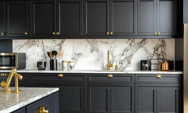 Modern Kitchen with Black Cabinets and Gold Accents