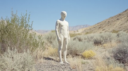 Obraz premium A ghostly, faceless figure stands amid an arid desert landscape, evoking a haunting and surreal atmosphere.