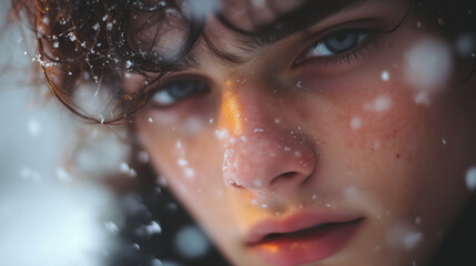 A close-up of a thoughtful gaze amidst a gentle snowfall