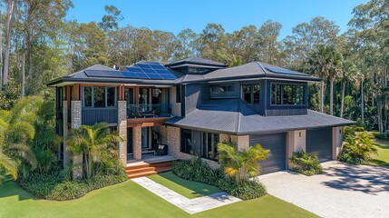 Modern home with solar panels on roof.