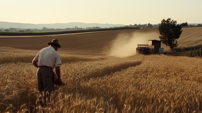 A farmer in the golden glow of sunset walks through waving fields of grain as a harvester churns behind him.