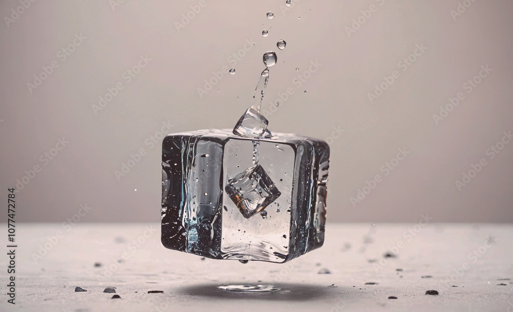 Poster cube of ice is floating in a glass of water