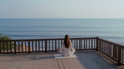A woman peacefully meditates on a deck overlooking a tranquil ocean under the calm morning sky.