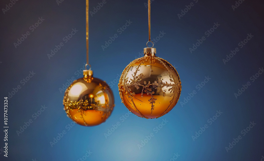 Poster two golden ornaments hanging from a string