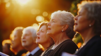Seniors sing in harmony, bathed in golden sunlight, their expressions serene and joyful in a moment of community and music.