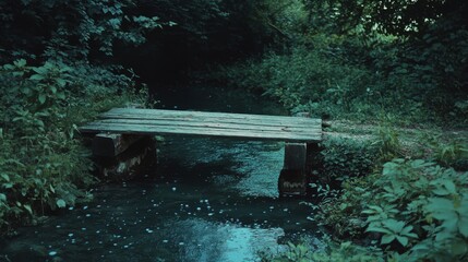 Obraz premium A rustic wooden bridge spans a tranquil stream enveloped by lush greenery, creating a serene, almost mystical atmosphere in the secluded forest.