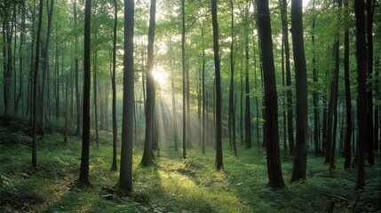 Obraz premium Sunlight filters through towering trees, casting a magical glow on the forest floor, creating a perfect blend of serenity and natural wonder.