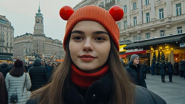 Amid the lively crowds of a winter market, a young woman dons a vibrant hat, embodying the holiday spirit. The atmosphere buzzes with joy and excitement, showcasing Vienna's charm