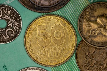 Close-up of a 50 kopiok coin from Ukraine of the Hryvnia currency