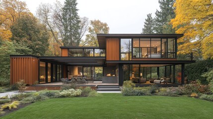 Modern house with large windows and a wooden facade, surrounded by trees in autumn.