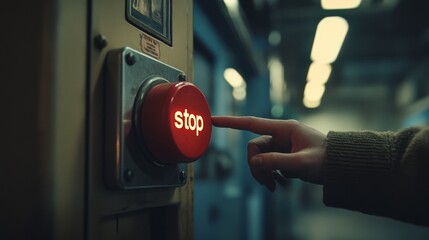 A finger hovers over a glowing red stop button, capturing a moment of decision and immediate action in an industrial environment.