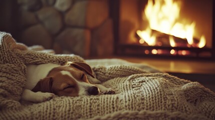Obraz premium A cozy dog naps by the warm fire, wrapped snugly in a knit blanket, embodying comfort and relaxation in a peaceful home setting.