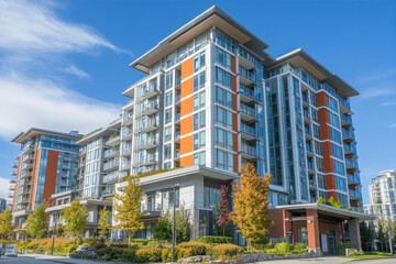 Fototapeta premium Modern Apartment Buildings Basking in Sunlight Against a Bright Blue Sky