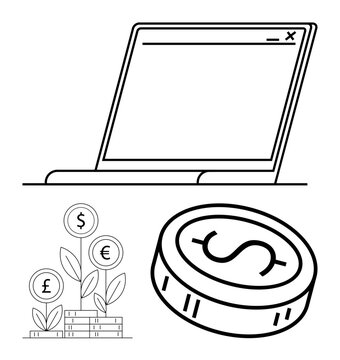 recommend clip art: Coin with dollar sign, laptop screen, money plants growing on stacks of cash. Ideal for financial growth, investments, online banking, savings, economic strategy, monetary policies wealth